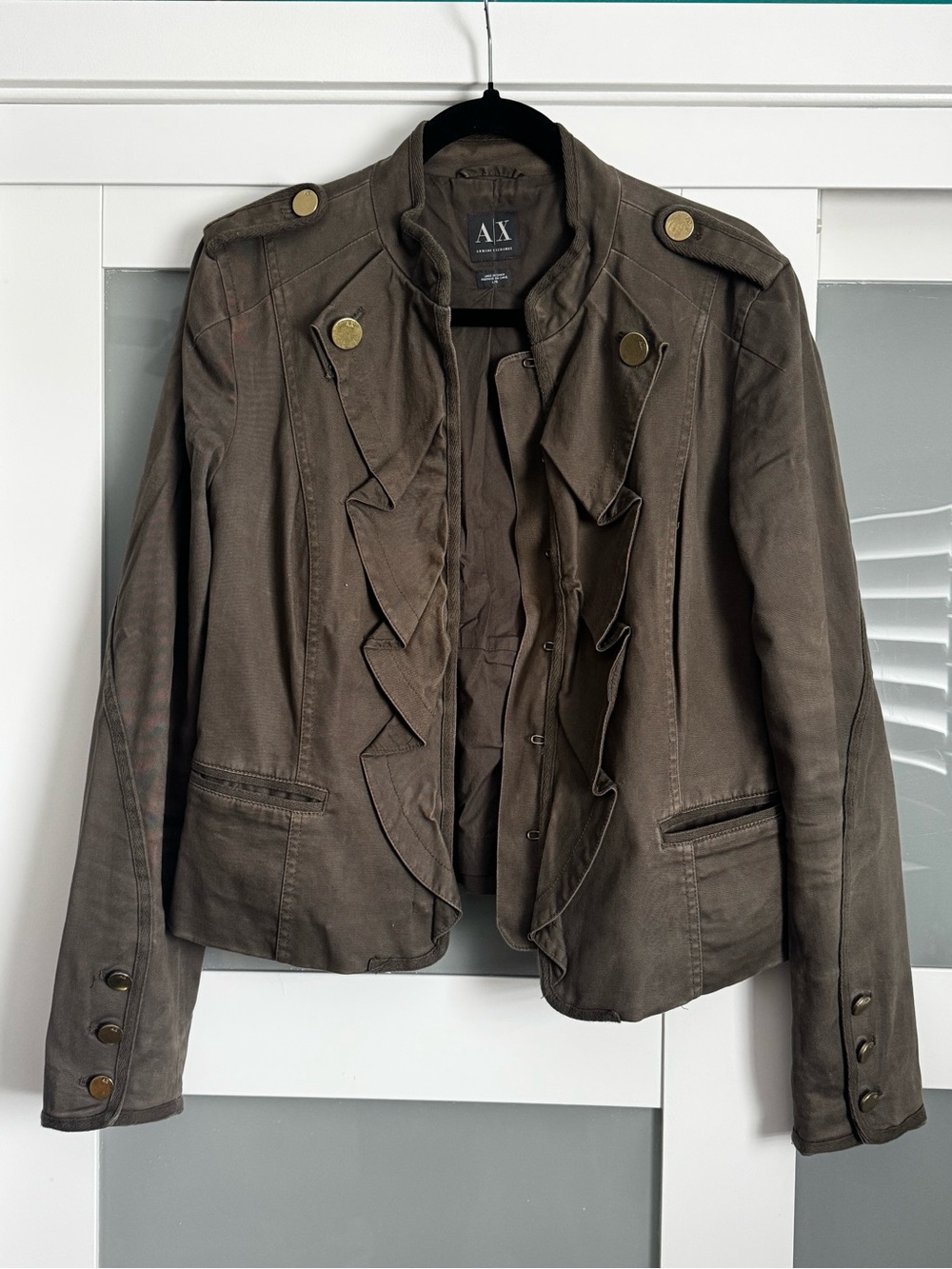 Armani Exchange Women's Olive Green Ruffle Military Blazer